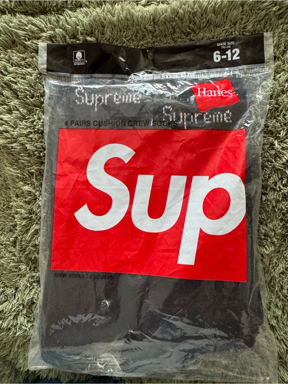 Men’s Hanes x Supreme Black Crew Socks with Red Logo - 4 Pack, Shoe Sizes 6 - 12